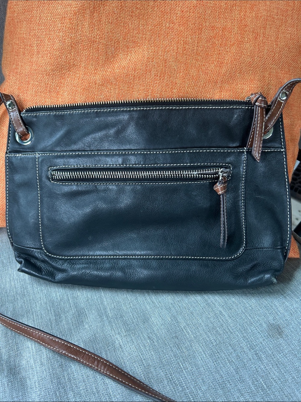 Hobo Black Leather Crossbody Bag with Brown Trim